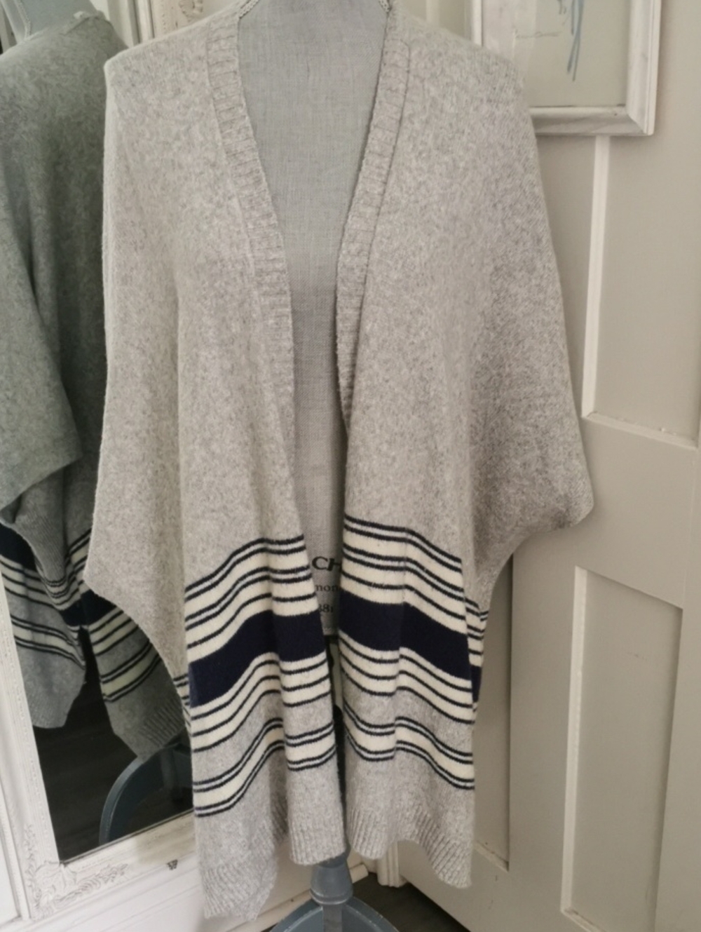 Womens GAP Boho Cozycore Poncho Light Grey and Navy Striped Open Cardigan. OS - Picture 2 of 7